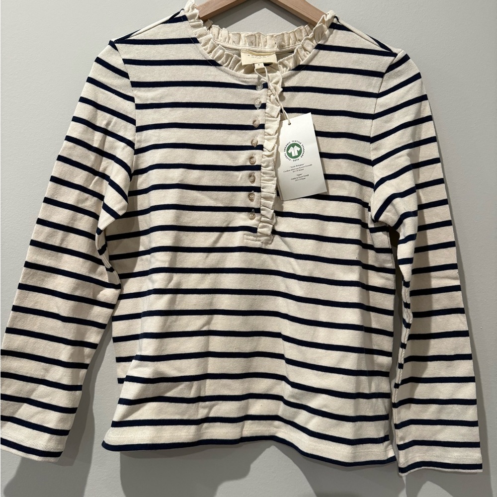 Sézane Navy and Cream Striped Long Sleeve Top
